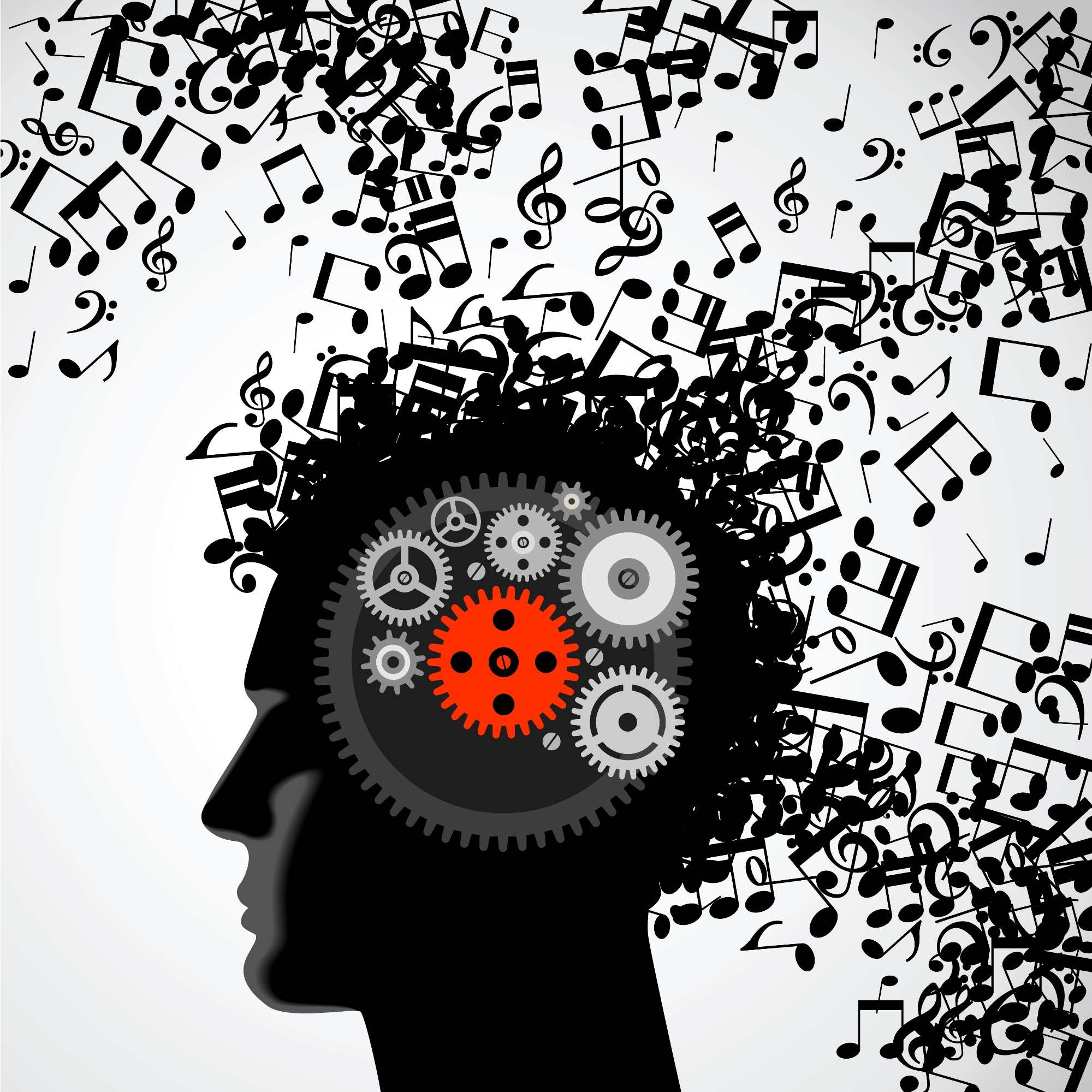 Head containing cogs and with musical notes pouring out as if thoughts