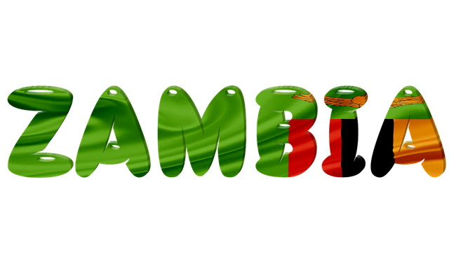 The word Zambia written in the colours of the country's flag