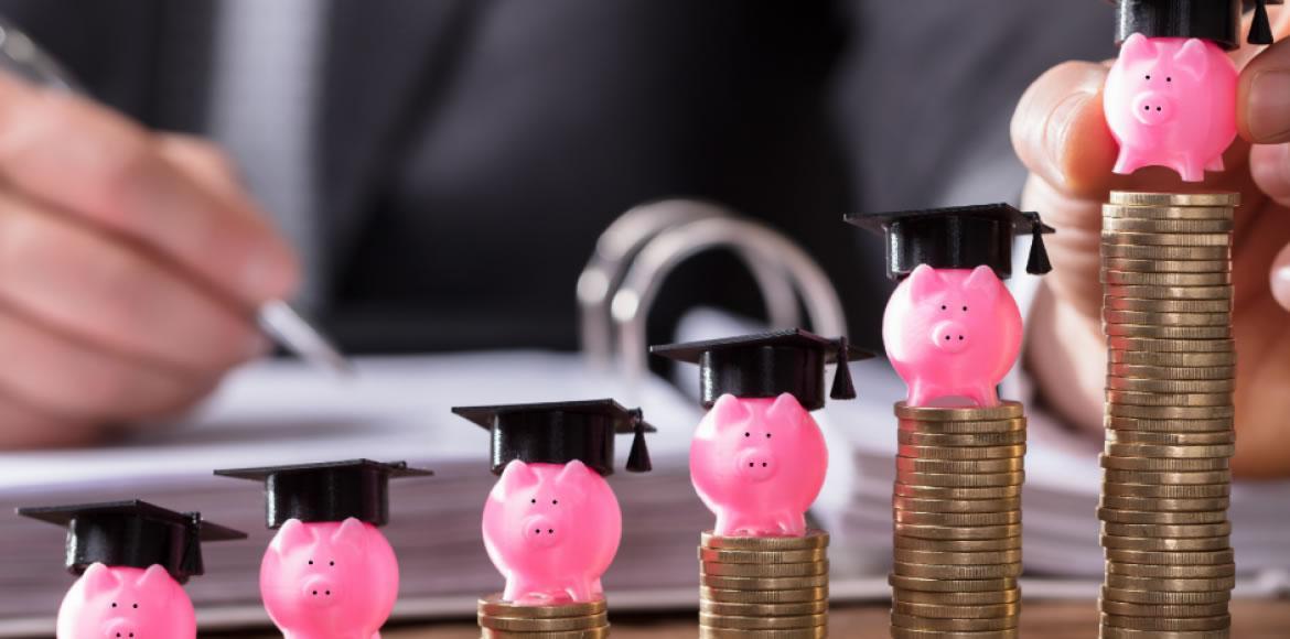 Six piles of coins, from lowest to highest, with a little pink pig on top of each one