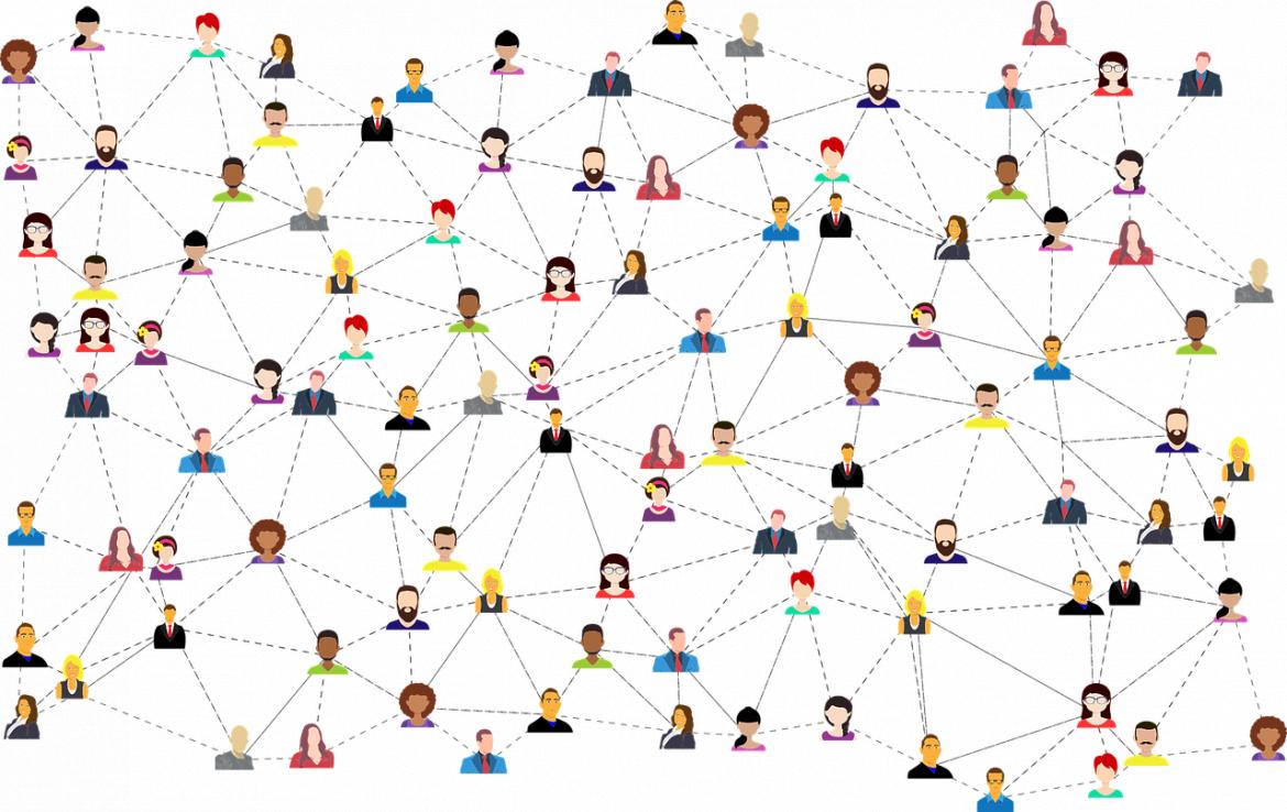 Lots of cartoon heads of people connected with dotted lines showing everyone is connected