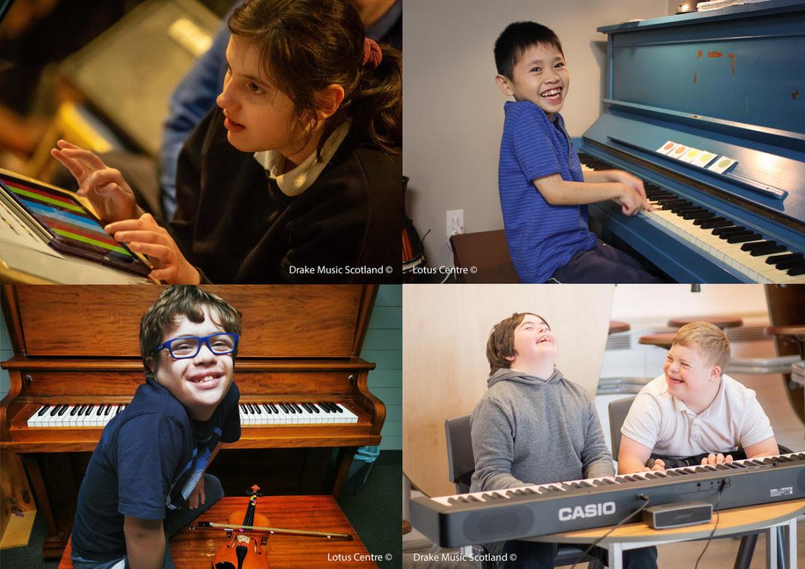 happy children playing instruments