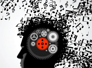Head containing cogs and with musical notes pouring out as if thoughts